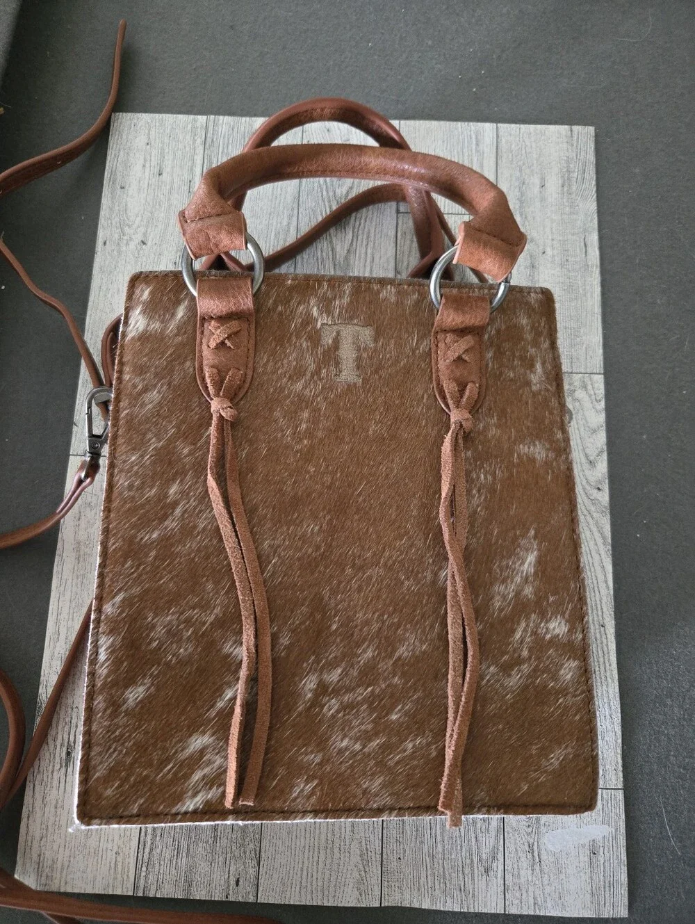 Trinity Ranch Brown Haircalf Leather Tote Bag with Top Handles